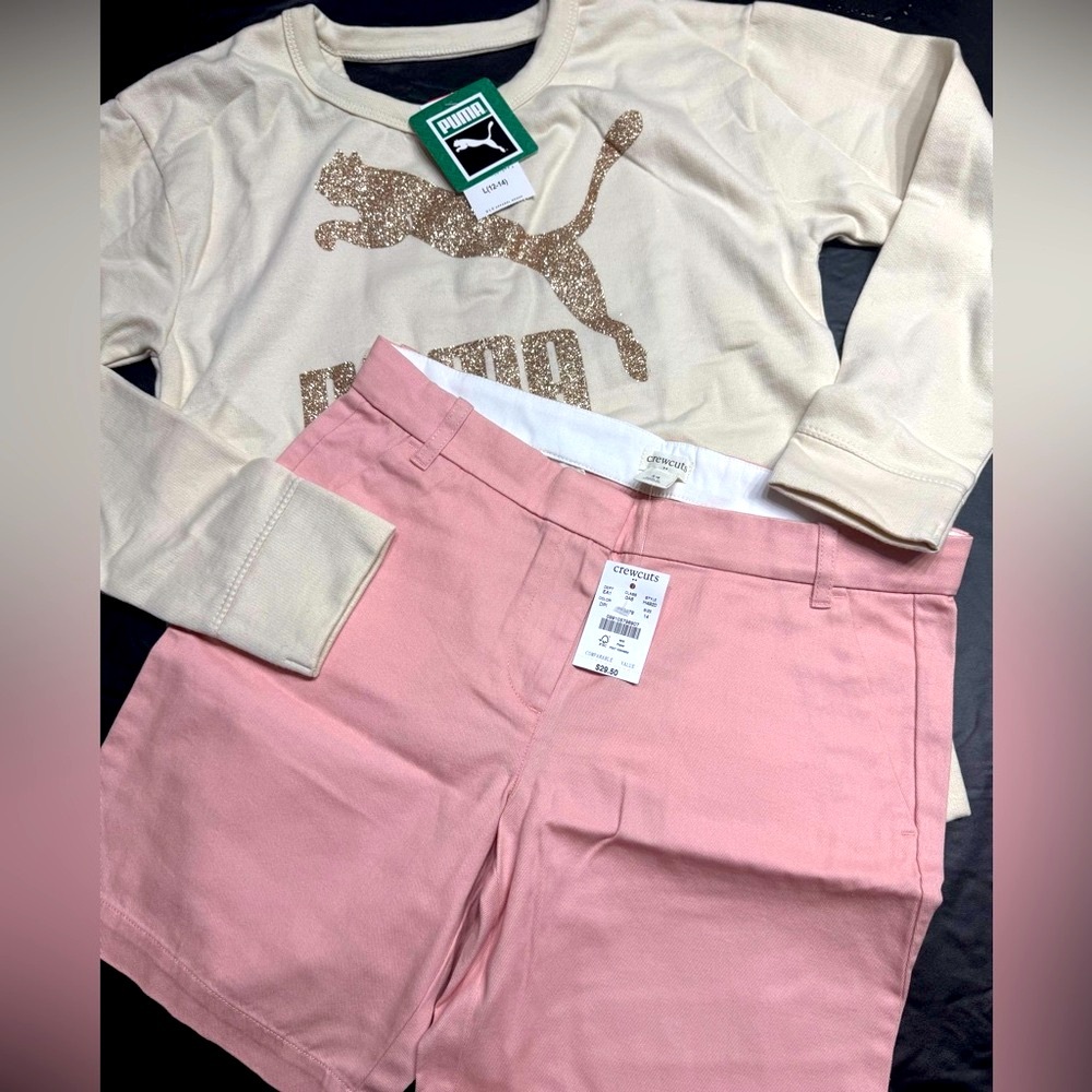 Puma Kids sz 12-14 sweatshirt in Cream and rose gold, CrewCuts chino shorts sz14